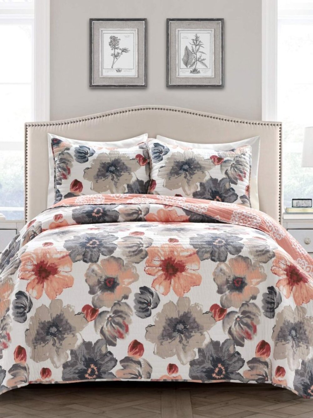 Leah Reversible Floral Quilt Set, 3 Piece Set, King, Coral & Gray - Watercolor